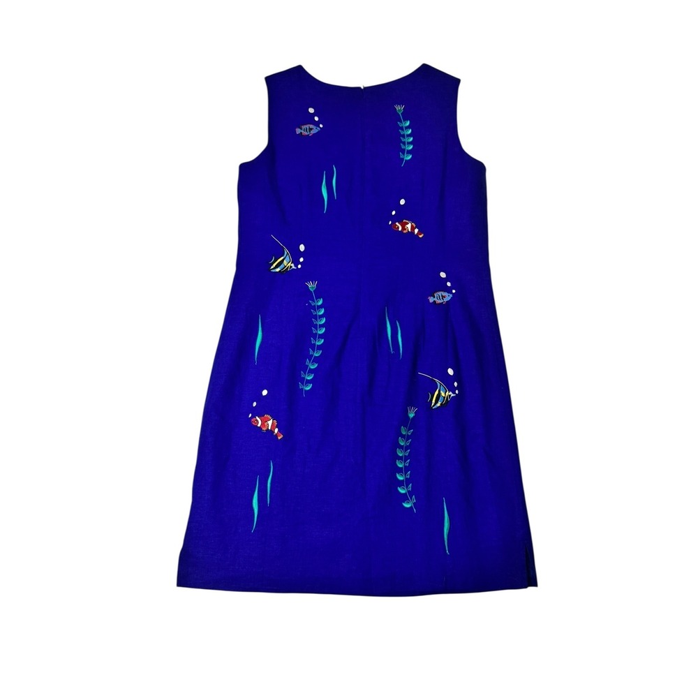 Vtg Blue Sleeveless Shift Dress Embroidered Fish Underwater Coastal Beach Large